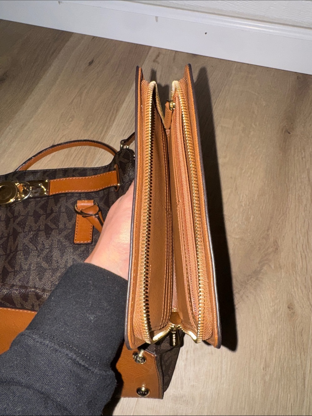 Michael Kors Dark Brown Monogram Tote with Tan Trim and matching wallet - Picture 8 of 9
